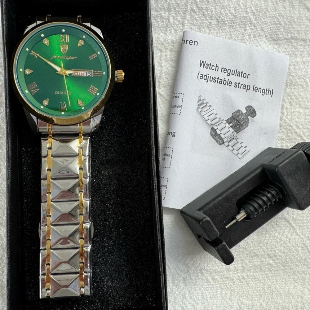 POEDAGAR Men's Watch Date Week Waterproof Luminous Quartz Stainless Steel Green